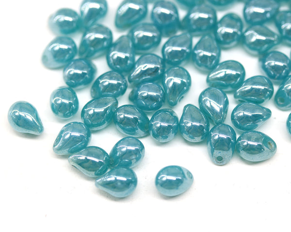 5x7mm Sea blue glass drops, luster, czech teardrop beads, 50pc