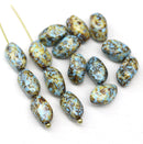 11x7mm Picasso rustic czech glass barrel beads blue luster
