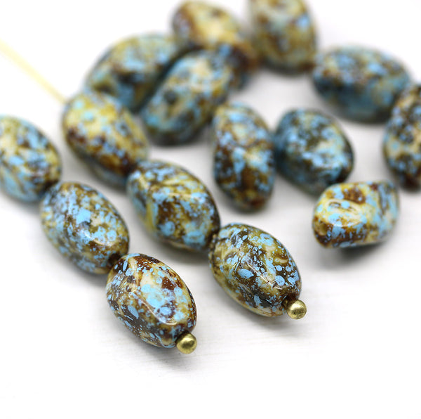 11x7mm Picasso rustic czech glass barrel beads blue luster