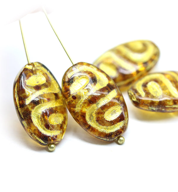22x14mm Statement oval yellow Czech glass beads with gold ornament