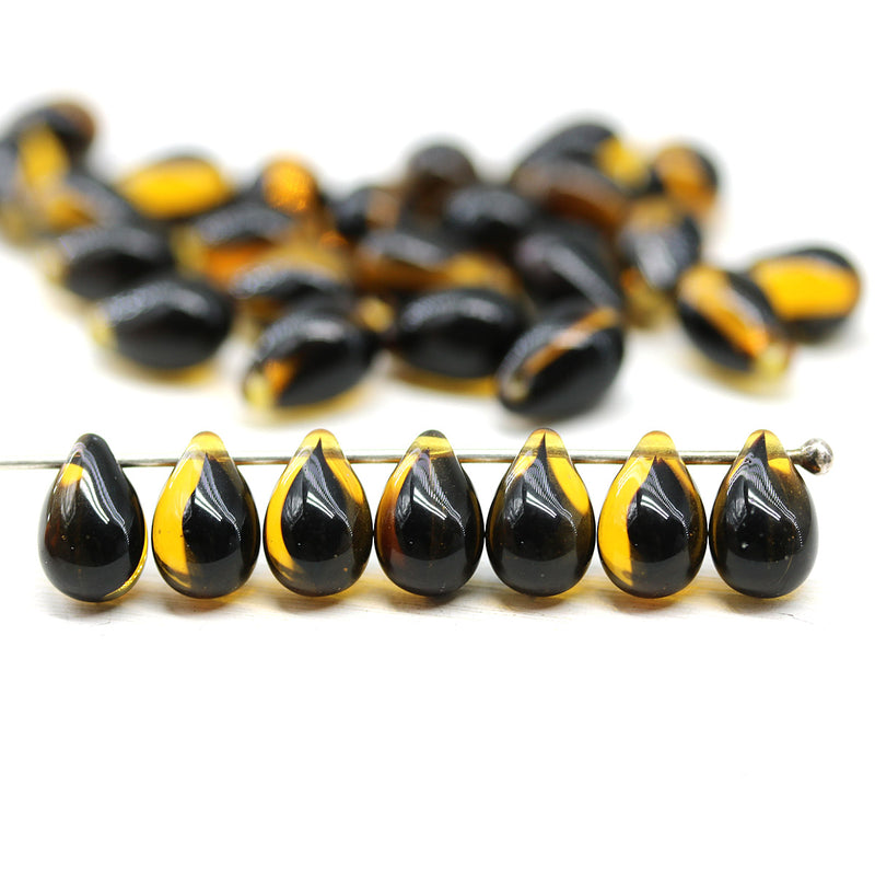 6x9mm Black topaz czech glass teardrop beads 30pc