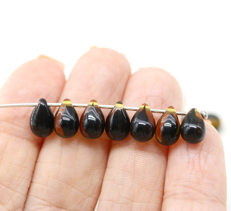 6x9mm Black topaz czech glass teardrop beads 30pc