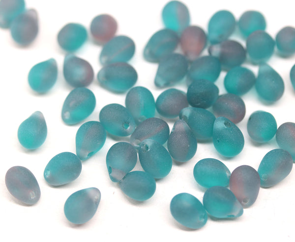 5x7mm Frosted teal purple glass drops, czech teardrop beads, 50pc