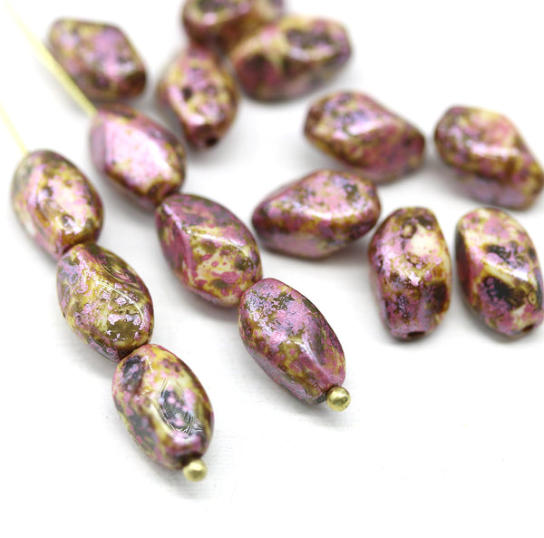 11x7mm Picasso rustic czech glass barrel beads pink luster
