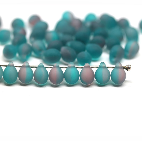 5x7mm Frosted teal purple glass drops, czech teardrop beads, 50pc