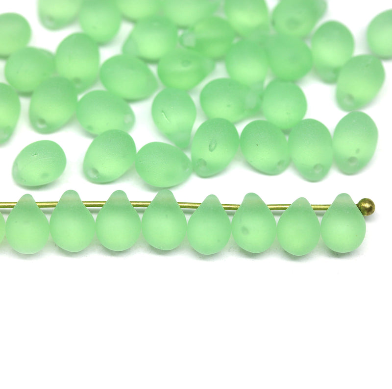 5x7mm Frosted pale green glass drops, seaglass czech teardrop beads, 50pc