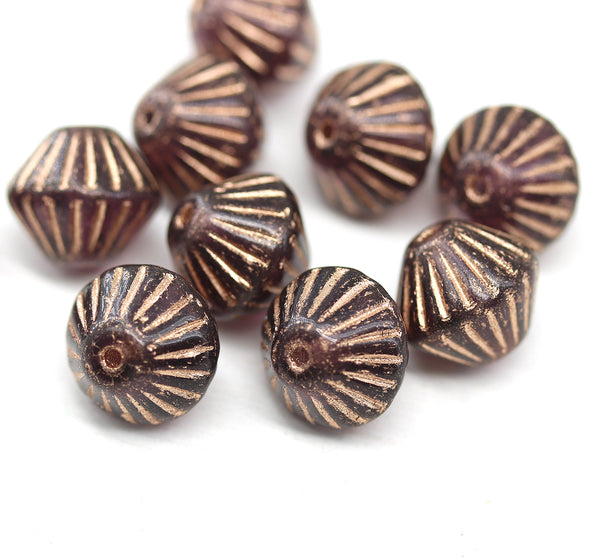 11mm Dark purple czech glass bicone beads copper stripes