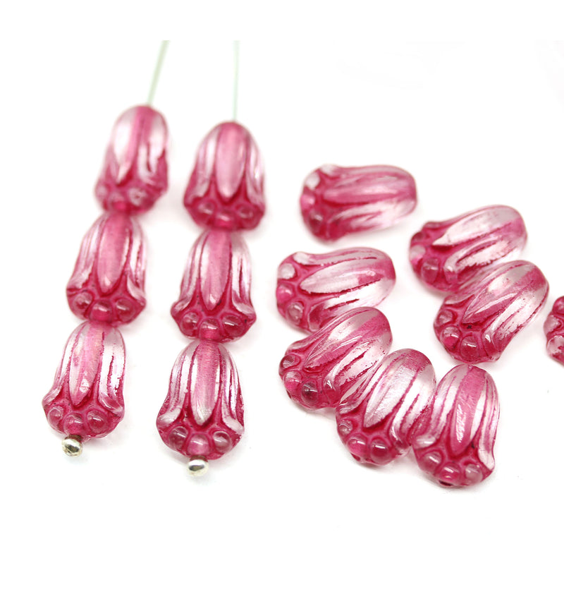 12x8mm Dark pink tulip flower Czech glass beads, 20Pc