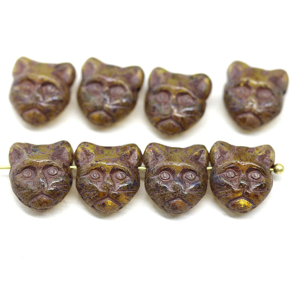 Rustic brown cat head beads, Czech glass feline beads