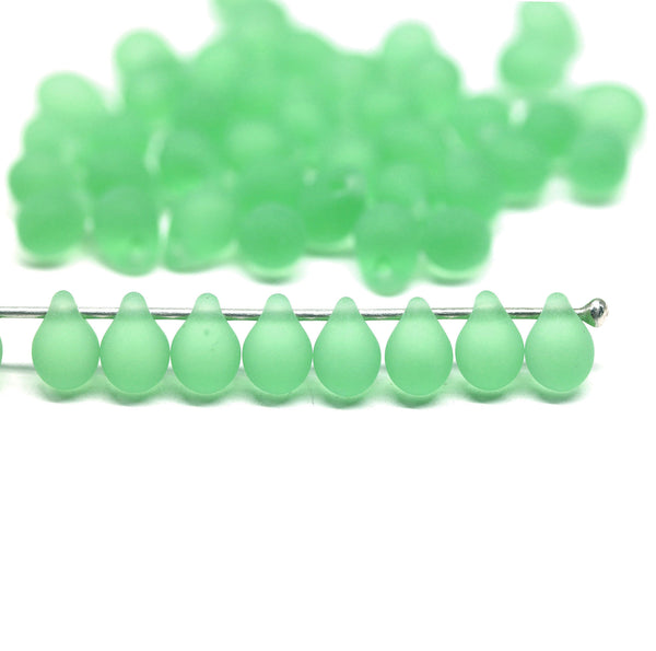 5x7mm Frosted light green glass drops, seaglass czech teardrop beads, 50pc