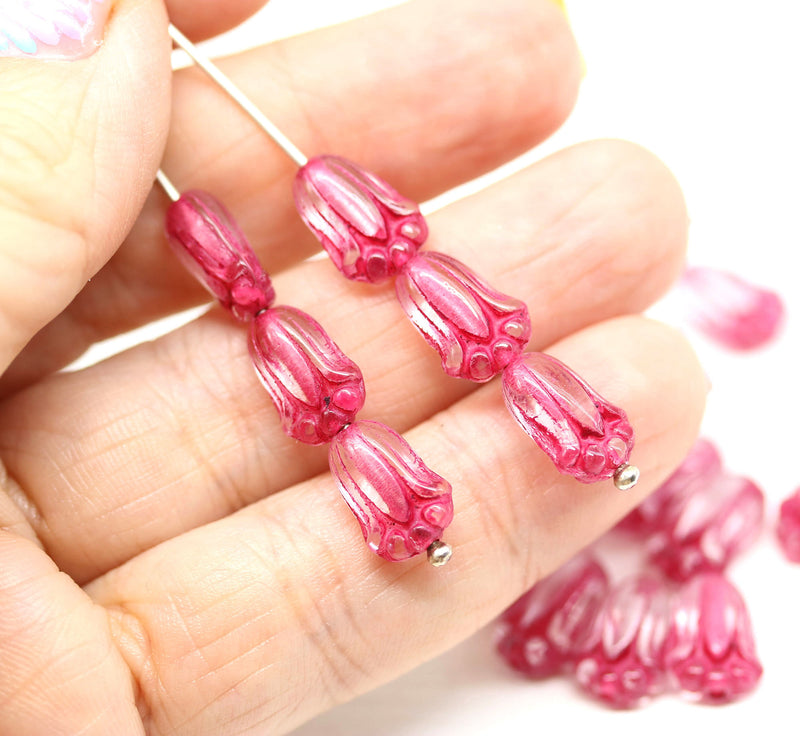 12x8mm Dark pink tulip flower Czech glass beads, 20Pc