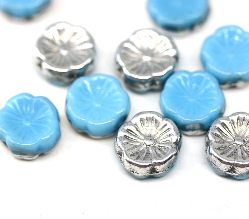 12mm Blue Pansy flower glass beads silver coating - 10pc