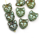 Rustic brown green cat head beads, Czech glass feline beads