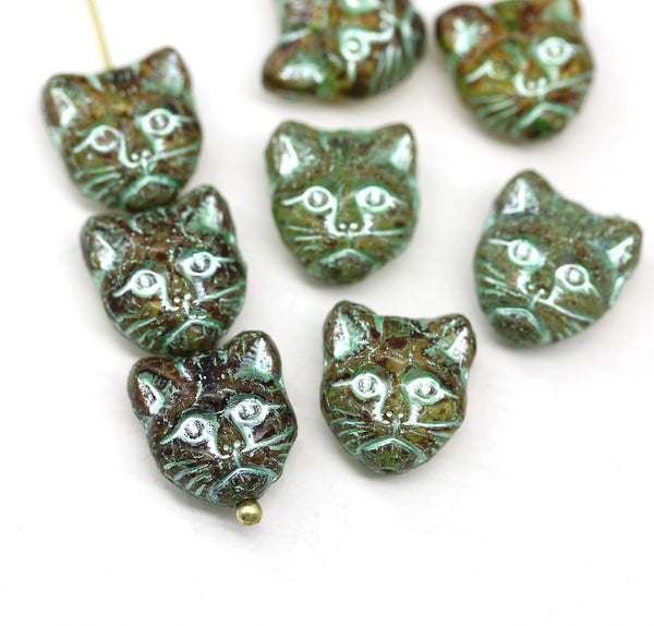 Rustic brown green cat head beads, Czech glass feline beads