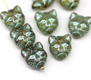 Rustic brown green cat head beads, Czech glass feline beads