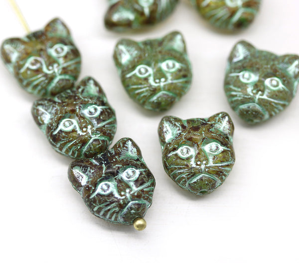 Rustic brown green cat head beads, Czech glass feline beads