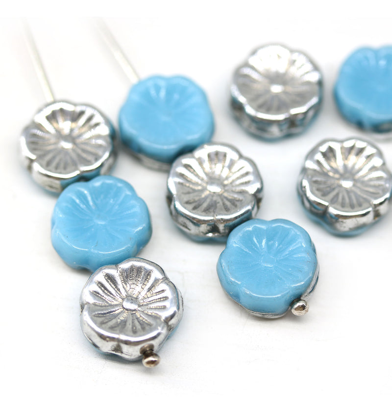 12mm Blue Pansy flower glass beads silver coating - 10pc