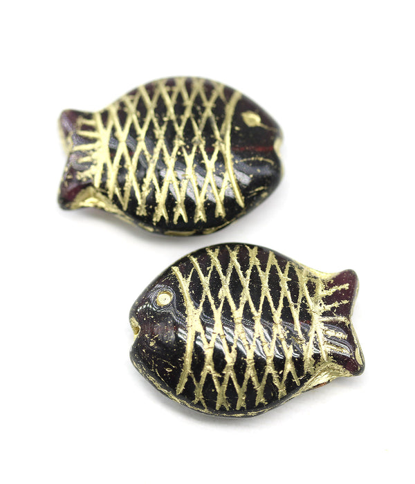 Large fish Dark purple Czech glass pressed beads gold inlays