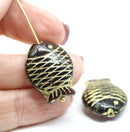 Large fish Dark purple Czech glass pressed beads gold inlays