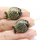 Large fish Dark purple Czech glass pressed beads gold inlays