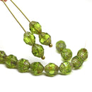 8x6mm Olive green cathedral Picasso czech glass barrel beads, 15Pc