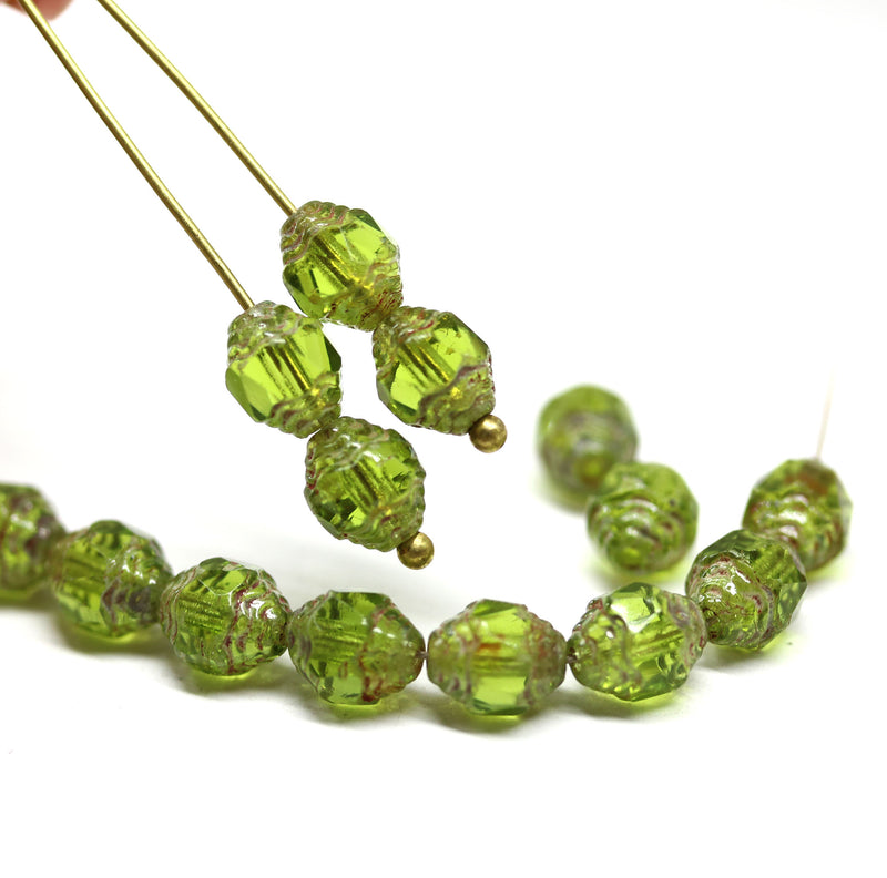 8x6mm Olive green cathedral Picasso czech glass barrel beads, 15Pc