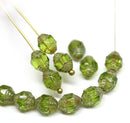 8x6mm Olive green cathedral Picasso czech glass barrel beads, 15Pc