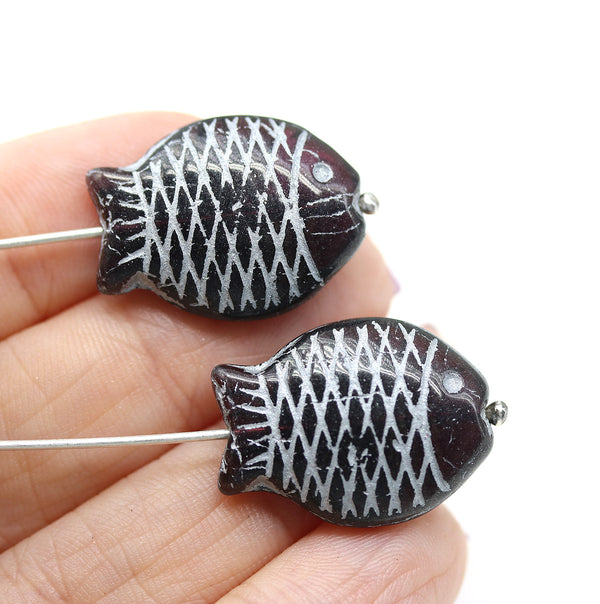  Large fish dark purple Czech glass pressed beads