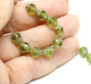 8x6mm Olive green cathedral Picasso czech glass barrel beads, 15Pc