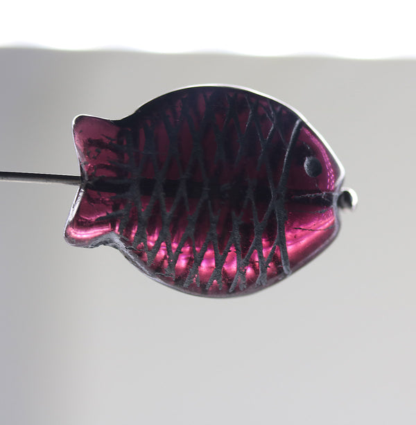  Large fish dark purple Czech glass pressed beads