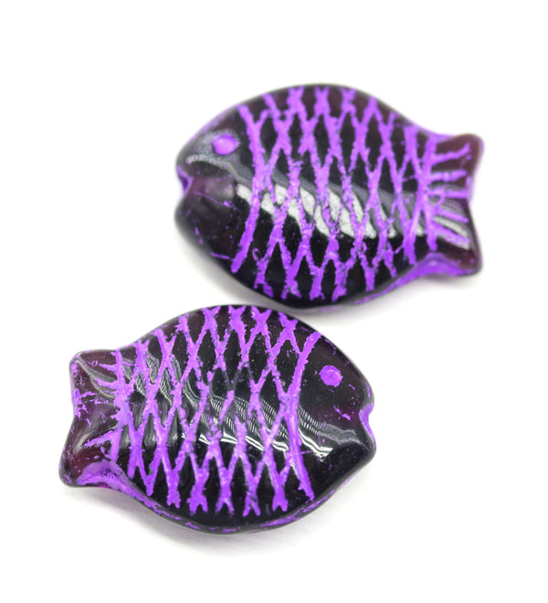 Large fish Dark purple Czech glass pressed beads