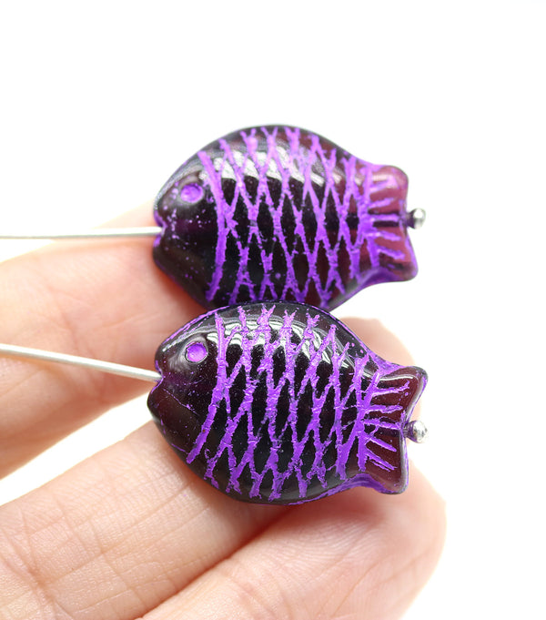 Large fish Dark purple Czech glass pressed beads