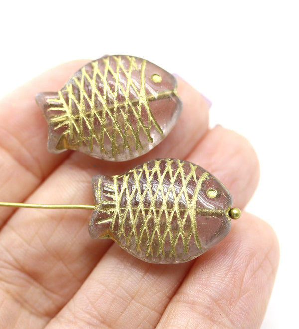 Large fish pale purple Czech glass pressed beads gold inlays