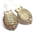 Large fish pale purple Czech glass pressed beads gold inlays