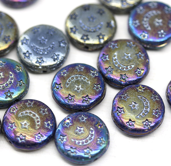 13mm Metallic celestial czech glass beads Moon and stars