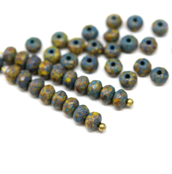 3x5mm Rustic yellow blue rondelle beads, czech glass, 40pc