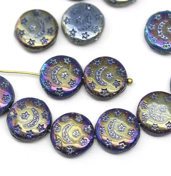 13mm Metallic celestial czech glass beads Moon and stars