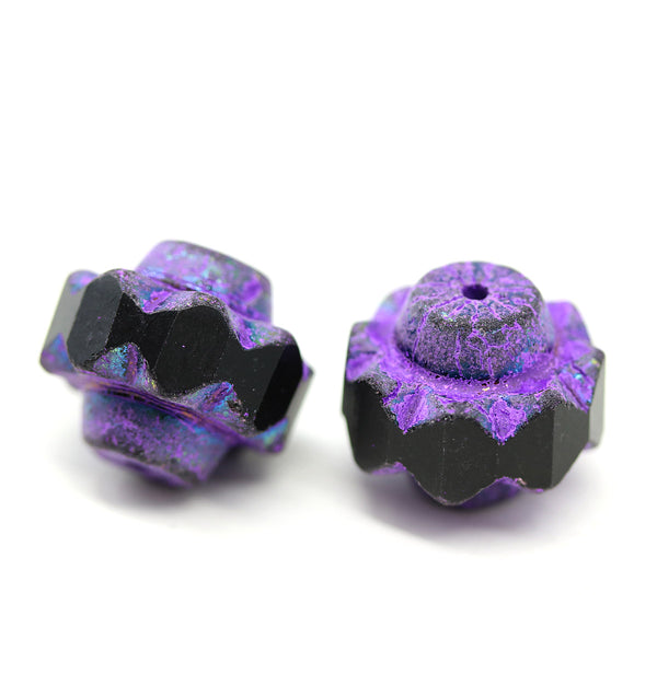 13x15mm Black purple crown czech glass fire polished large bicones 2pc