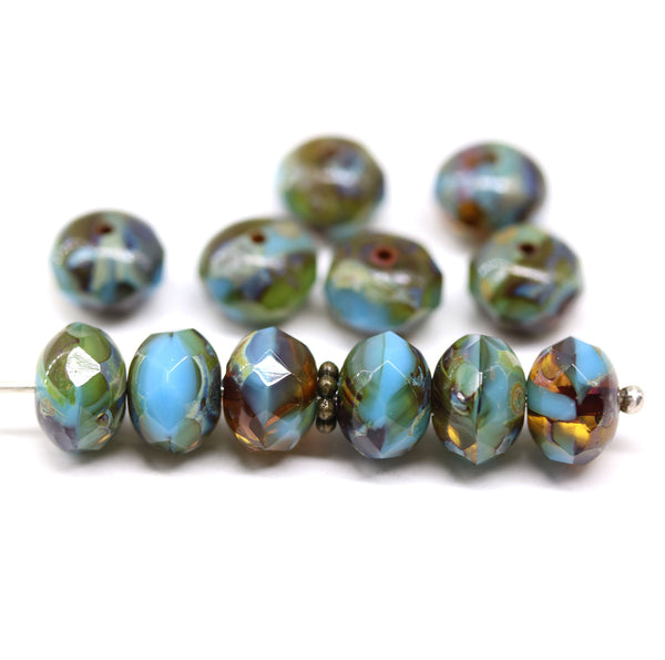 6x8mm Blue brown rondelle czech glass beads, picasso - 12Pc