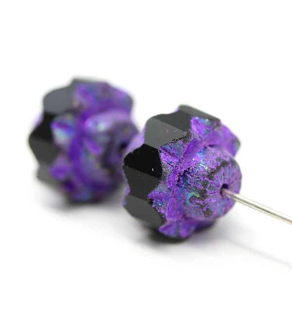 13x15mm Black purple crown czech glass fire polished large bicones 2pc