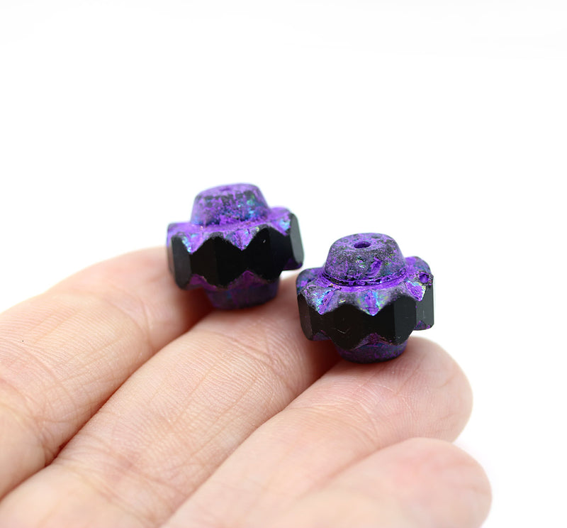 13x15mm Black purple crown czech glass fire polished large bicones 2pc