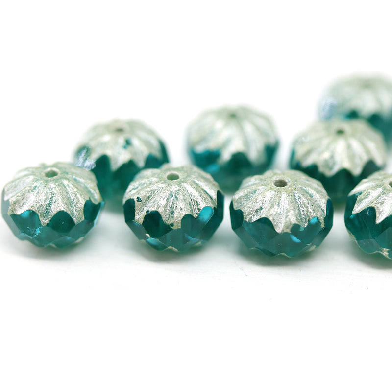 7x10mm Teal crueller rondelle Czech glass beads - 8Pc