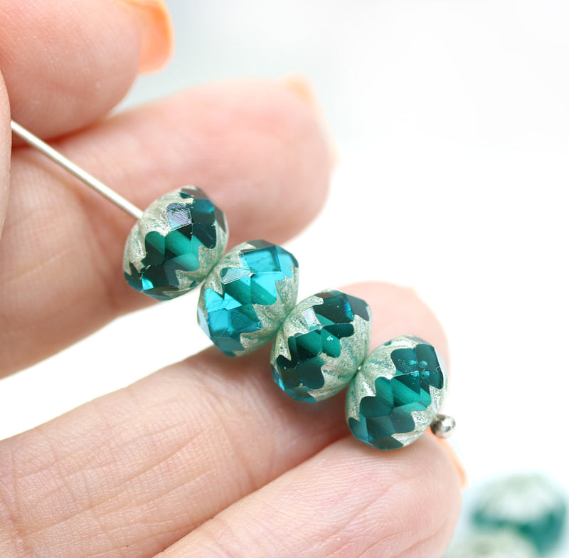 7x10mm Teal crueller rondelle Czech glass beads - 8Pc