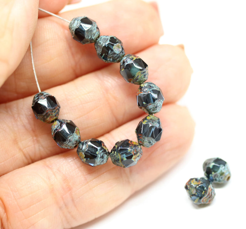 8x6mm Montana blue cathedral czech glass barrel picasso beads, 15Pc