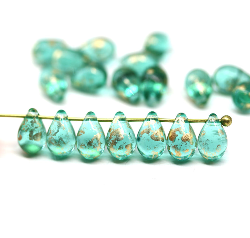 6x9mm Teal green czech glass teardrop beads, golden flakes 20pc