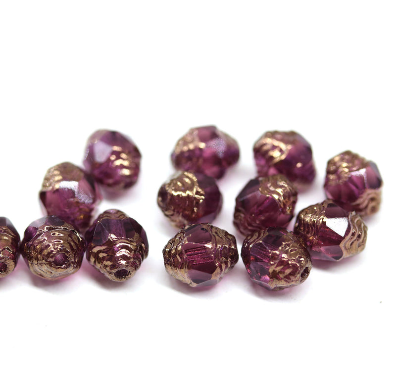 8x6mm Dark purple cathedral gold ends czech glass barrel beads, 15Pc