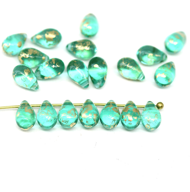6x9mm Teal green czech glass teardrop beads, golden flakes 20pc