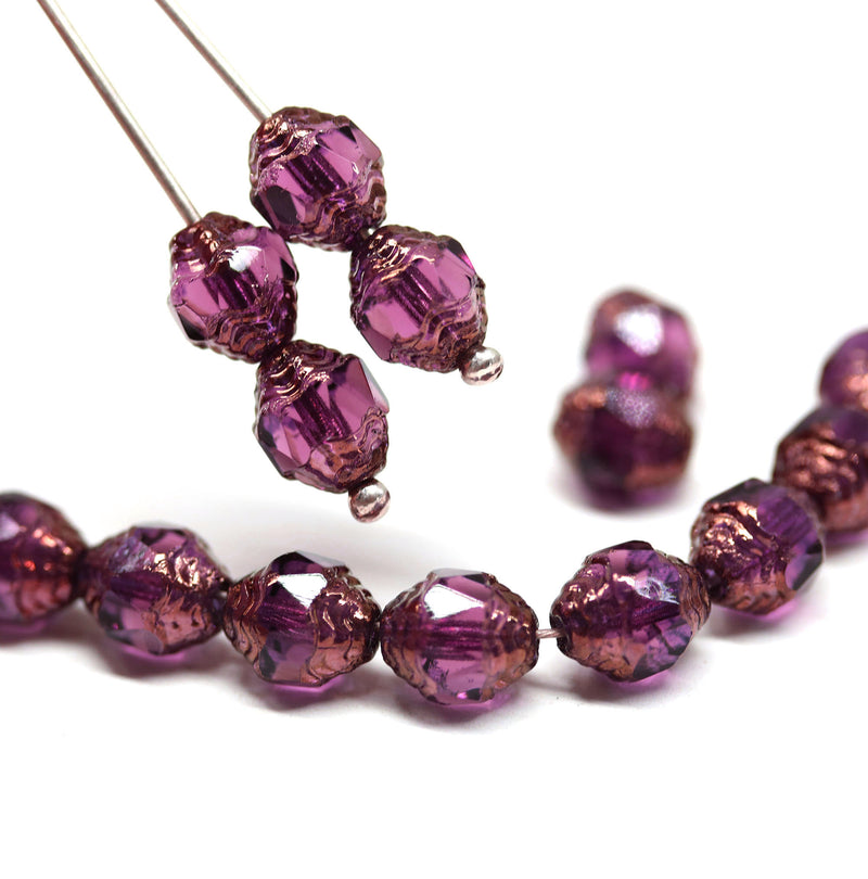 8x6mm Dark purple cathedral gold ends czech glass barrel beads, 15Pc