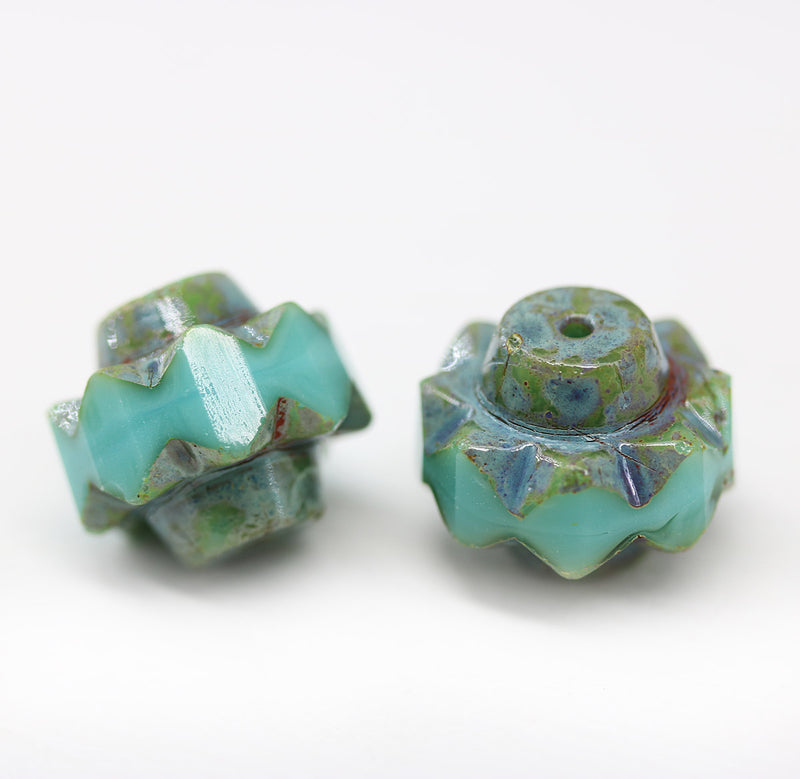 13x15mm Turquoise green picasso crown czech glass fire polished large bicones 2pc