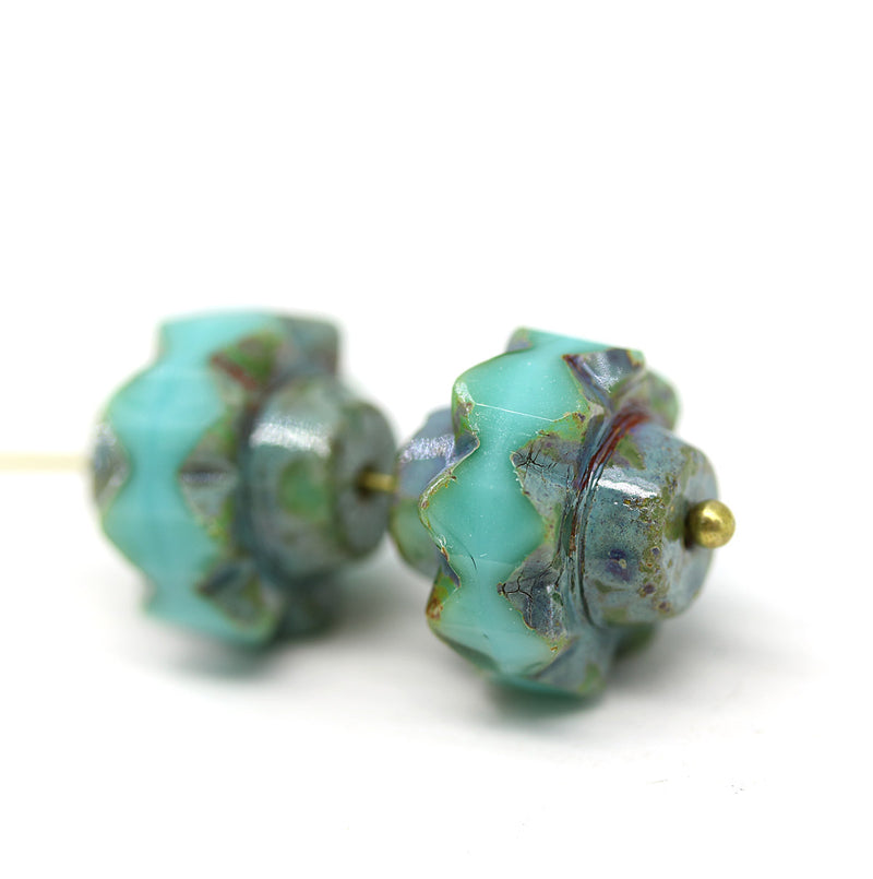 13x15mm Turquoise green picasso crown czech glass fire polished large bicones 2pc